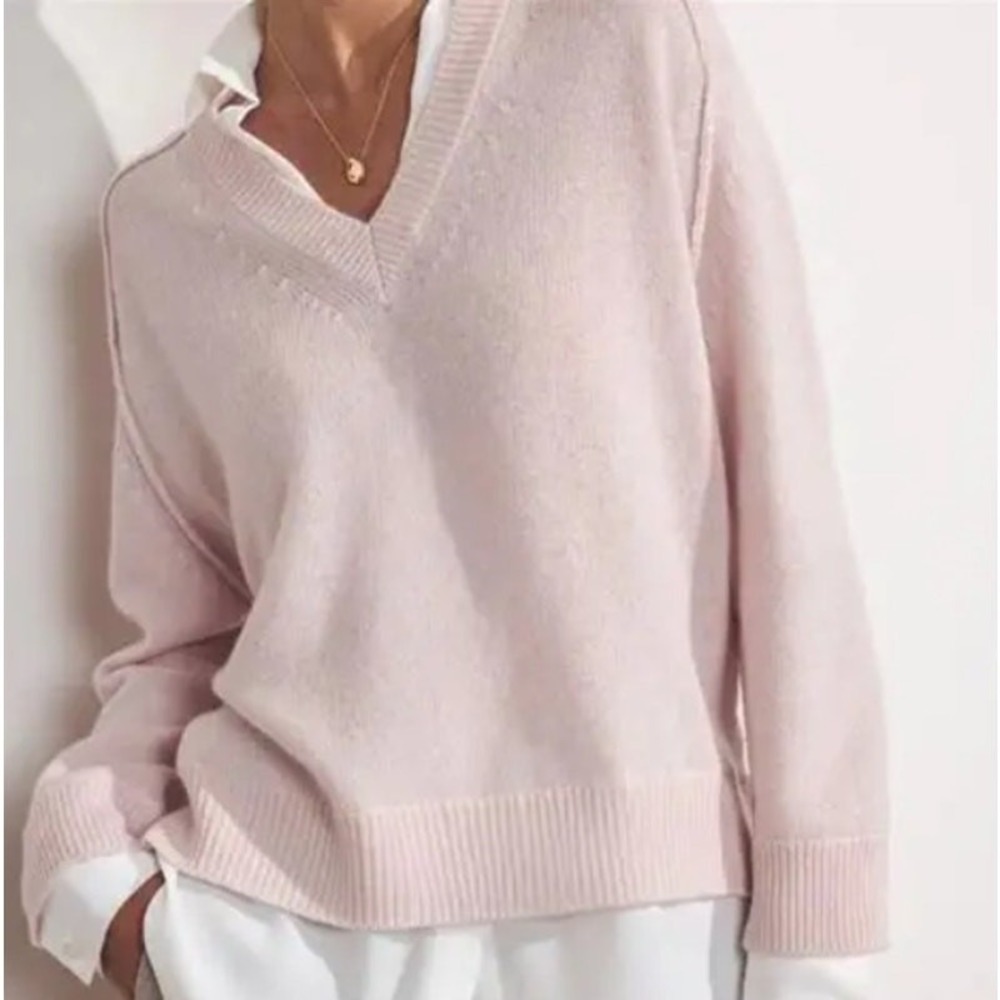 Brochu‎ Walker The Looker Wool Cashmere V Neck Layered Sweater Baby Pink Large